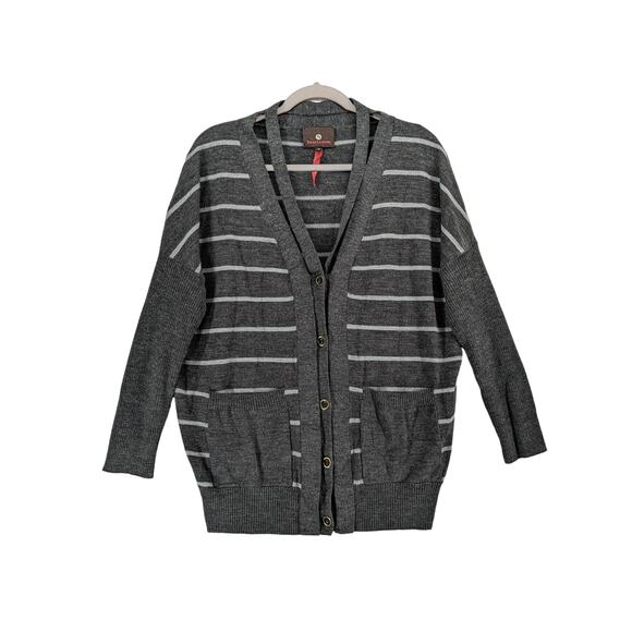 Heartloom Button Cardigan M Gray White Striped Boyfriend Ribbed Cutout Everyday - Picture 1 of 9